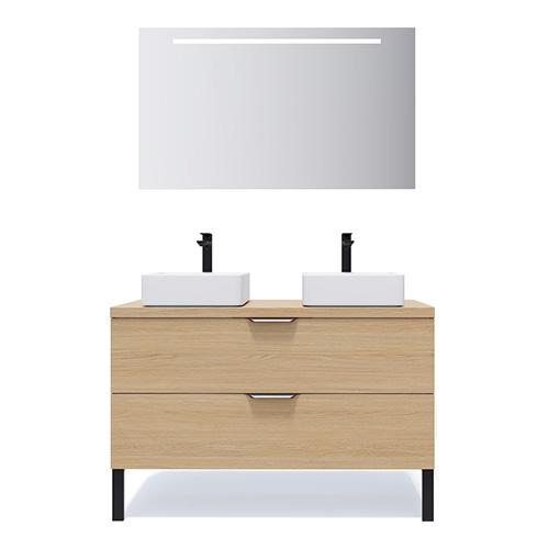 Meuble de salle de bain suspendu 2 vasques à poser 120cm 2 tiroirs Chêne clair + miroir - Swing