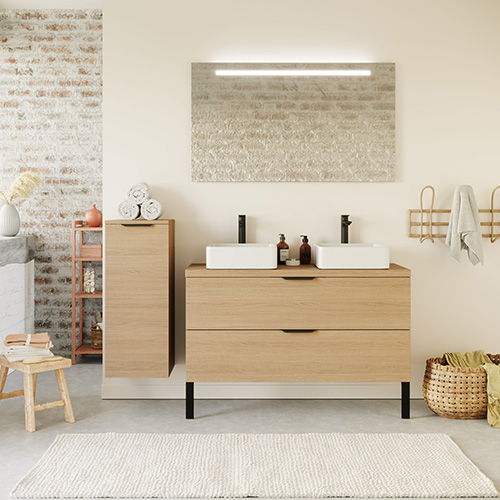 Meuble de salle de bain suspendu 2 vasques à poser 120cm 2 tiroirs Chêne clair + miroir - Swing