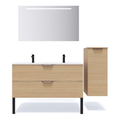 Meuble de salle de bain suspendu double vasque intégrée 120cm 2 tiroirs Chêne clair + miroir + colonne ouverture droite - Swing