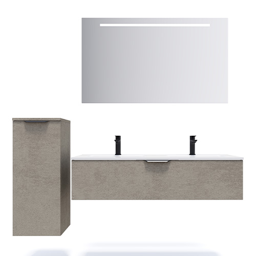 Meuble de salle de bain suspendu double vasque intégrée 120cm 1 tiroir façon Béton + miroir + colonne ouverture gauche - Swing