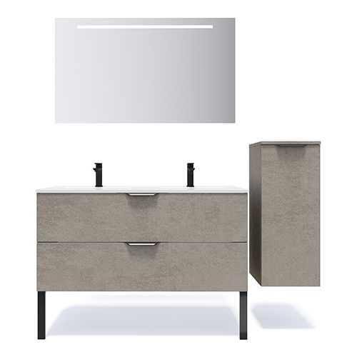 Meuble de salle de bain suspendu double vasque intégrée 120cm 2 tiroirs façon Béton + miroir + colonne ouverture droite - Swing