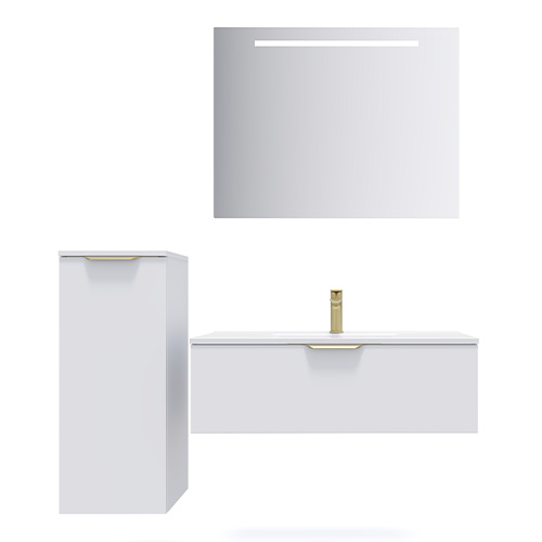 Meuble de salle de bain suspendu vasque intégrée 90cm 1 tiroir Blanc + miroir + colonne ouverture gauche - Swing