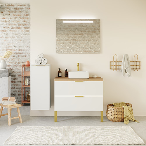 Meuble de salle de bain suspendu vasque à poser 90cm 2 tiroirs Blanc - Swing