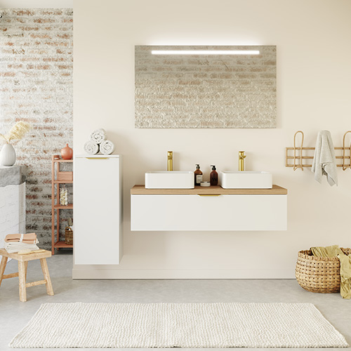 Meuble de salle de bain suspendu 2 vasques à poser 120cm 1 tiroir Blanc - Swing