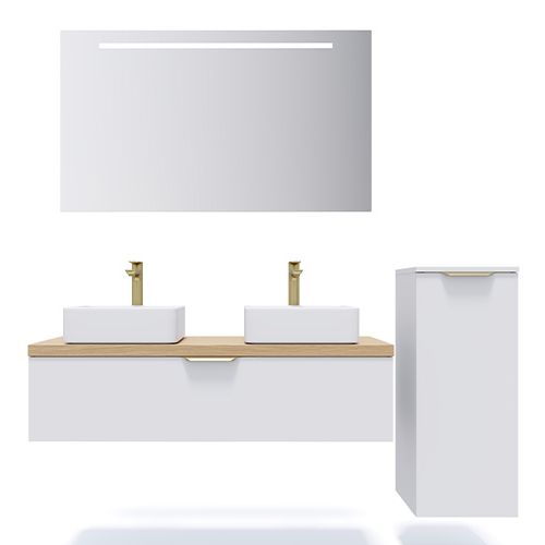 Meuble de salle de bain suspendu 2 vasques à poser 120cm 1 tiroir Blanc + miroir + colonne ouverture droite - Swing