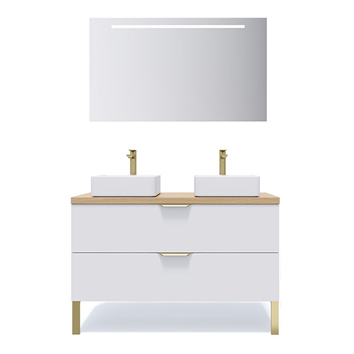 Meuble de salle de bain suspendu 2 vasques à poser 120cm 2 tiroirs Blanc + miroir - Swing