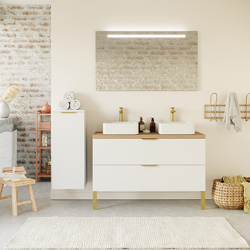 Meuble de salle de bain suspendu 2 vasques à poser 120cm 2 tiroirs Blanc + miroir + colonne ouverture gauche - Swing