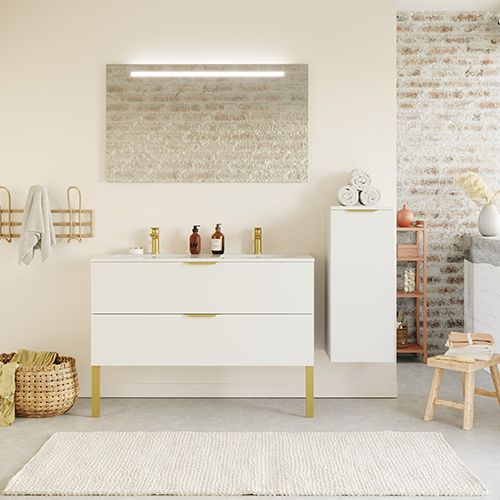 Meuble de salle de bain suspendu double vasque intégrée 120cm 2 tiroirs Blanc + miroir + colonne ouverture droite - Swing