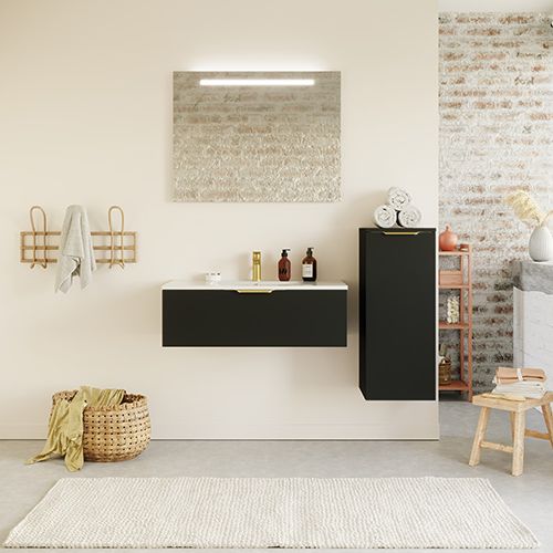 Meuble de salle de bain suspendu vasque intégrée 90cm 1 tiroir Noir + miroir + colonne ouverture droite - Swing