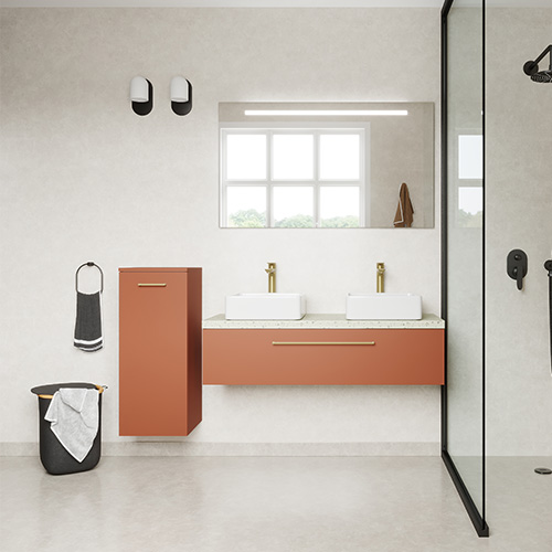 Meuble de salle de bain suspendu 2 vasques à poser 120cm 1 tiroir Terracotta + miroir - Osmose