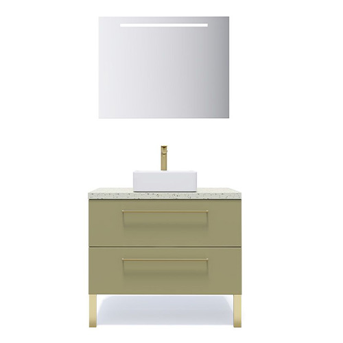 Meuble de salle de bain suspendu vasque à poser 90cm 2 tiroirs Vert olive + miroir - Osmose