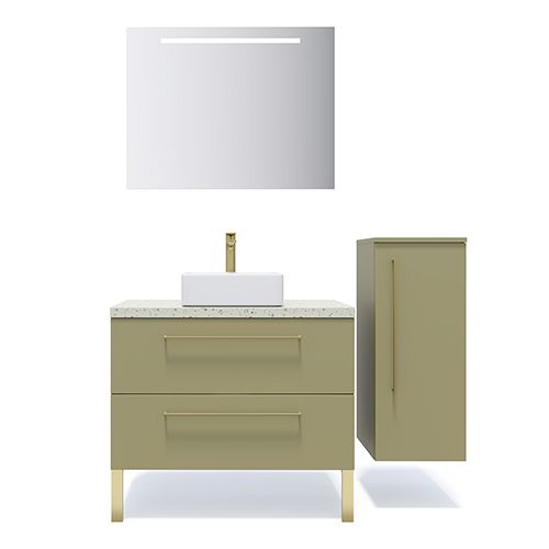 Meuble de salle de bain suspendu vasque à poser 90cm 2 tiroirs Vert olive + miroir + colonne ouverture droite - Osmose