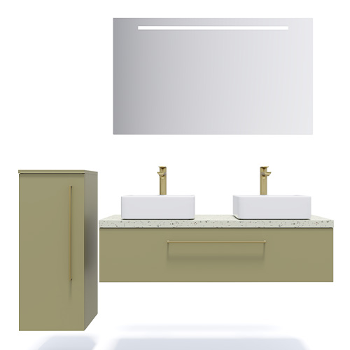 Meuble de salle de bain suspendu 2 vasques à poser 120cm 1 tiroir Vert olive + miroir + colonne ouverture gauche - Osmose