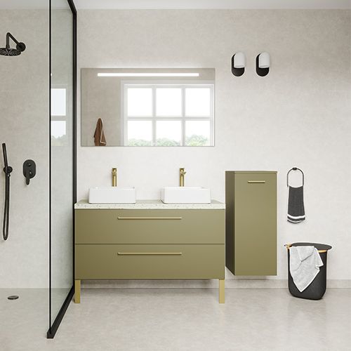 Meuble de salle de bain suspendu 2 vasques à poser 120cm 2 tiroirs Vert olive + miroir + colonne ouverture droite - Osmose