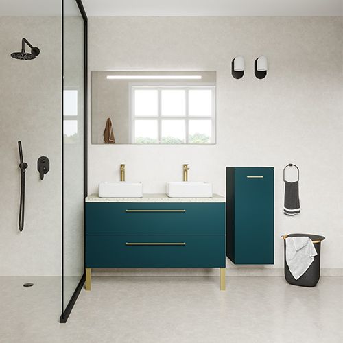 Meuble de salle de bain suspendu 2 vasques à poser 120cm 2 tiroirs Bleu + miroir + colonne ouverture droite - Osmose