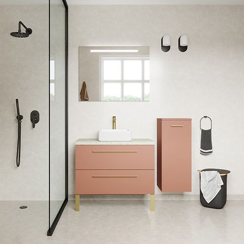 Meuble de salle de bain suspendu vasque à poser 90cm 2 tiroirs Abricot + miroir + colonne ouverture droite - Osmose