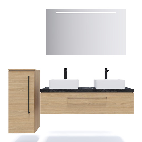 Meuble de salle de bain suspendu 2 vasques à poser 120cm 1 tiroir Chêne clair + miroir + colonne ouverture gauche - Osmose