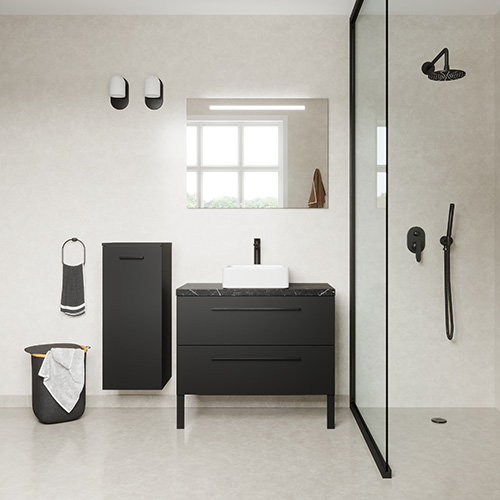 Meuble de salle de bain suspendu vasque à poser 90cm 2 tiroirs Noir + miroir + colonne ouverture gauche - Osmose