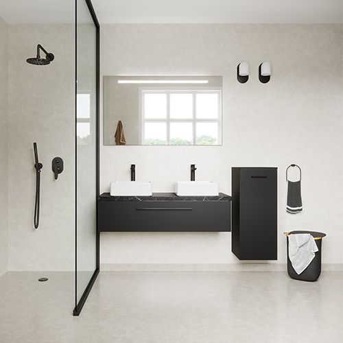 Meuble de salle de bain suspendu 2 vasques à poser 120cm 1 tiroir Noir + miroir + colonne ouverture droite - Osmose