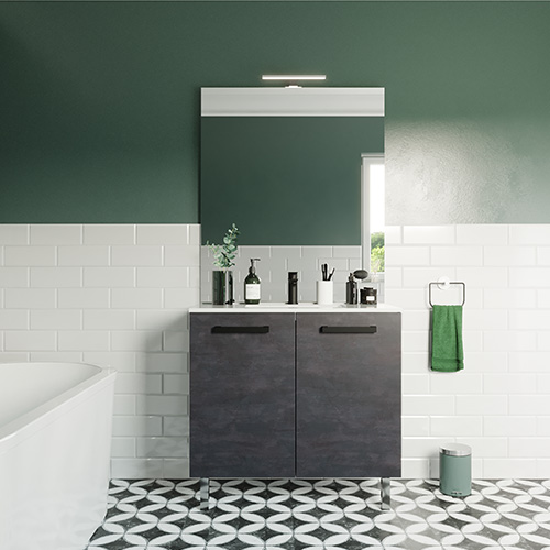 Meuble de salle de bain suspendu avec pieds vasque intégrée 90cm 2 portes Ardoise métallisée + miroir - Chango