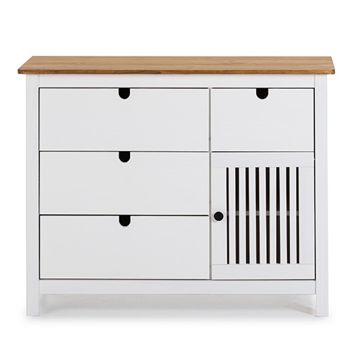 Commode 1 porte 4 tiroirs en pin massif blanc 100 cm - Fabia