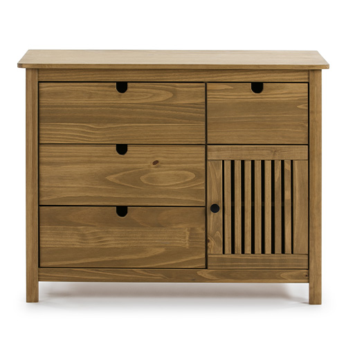 Commode 1 porte 4 tiroirs en pin massif couleur bois naturel 100 cm - Fabia