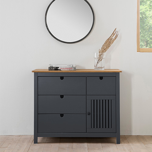 Commode 1 porte 4 tiroirs en pin massif gris anthracite 100 cm - Fabia