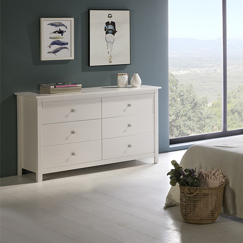 Commode 6 tiroirs en pin massif blanc 130 cm - Elton