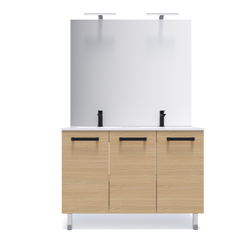 Meuble de salle de bain suspendu avec pieds double vasque intégrée 120cm 3 portes Chêne clair + miroir - Chango