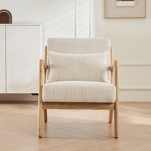 Fauteuil en bois et velours côtelé beige - Lanna