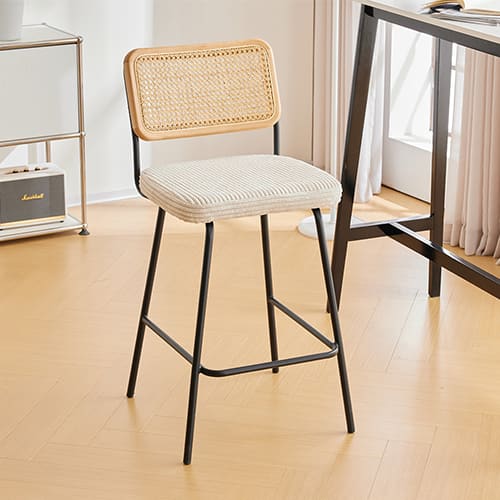 Lot de 2 tabourets de bar en velours côtelé beige et cannage naturel - Muse