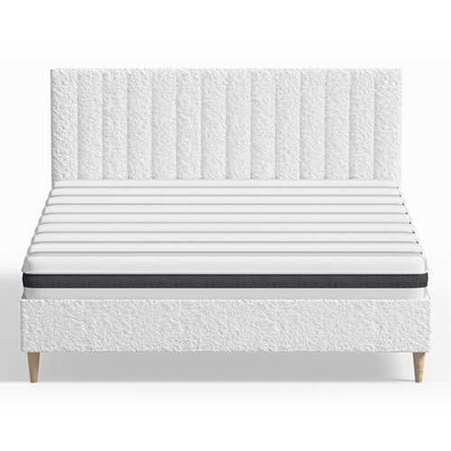 Ensemble lit adulte 140x190 cm en tissu bouclé écru avec tête de lit matelassée Eliot + Matelas ressorts ensachés Mousse HR