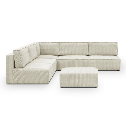 Canapé d'angle à gauche modulable 8 places avec pouf en velours côtelé beige - Harper Mod