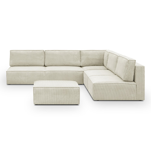 Canapé d'angle à droite modulable 8 places avec pouf en velours côtelé beige - Harper Mod
