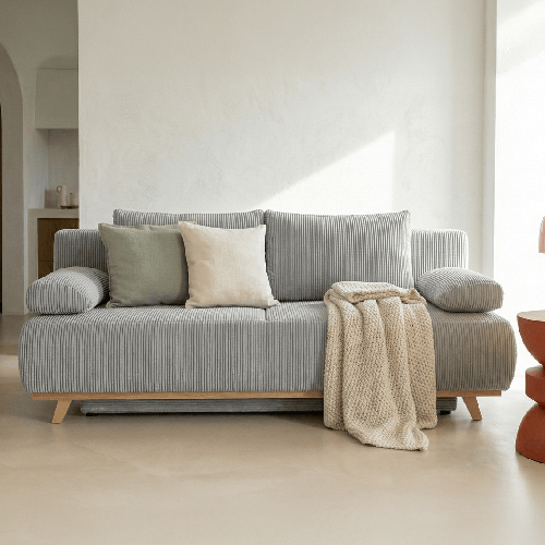 Canapé convertible 3 places avec coffre de rangement en velours côtelé gris clair- Laria New