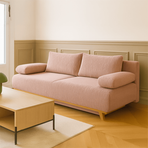 Canapé convertible 3 places avec coffre de rangement en velours côtelé rose pâle - Laria New