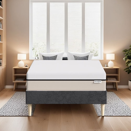 Ensemble lit adulte 90x190 cm en velours gris + Matelas Hybride à ressorts ensachés et mémoire de forme - Spring Elite