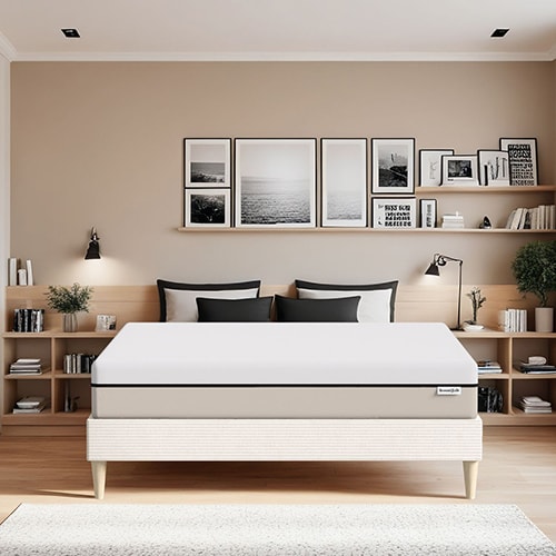 Ensemble lit adulte 180x200 cm en velours côtelé beige + Matelas Hybride à ressorts ensachés et mémoire de forme - Spring Elite