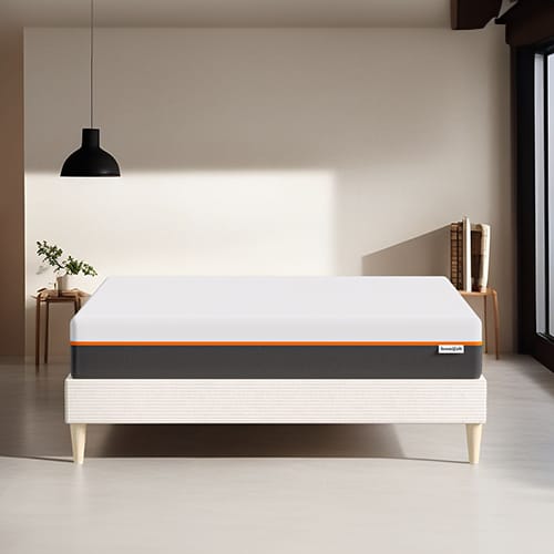 Ensemble lit adulte 140x190 cm en velours côtelé beige + Matelas mousse gel à mémoire de forme, double confort - Dual Confort