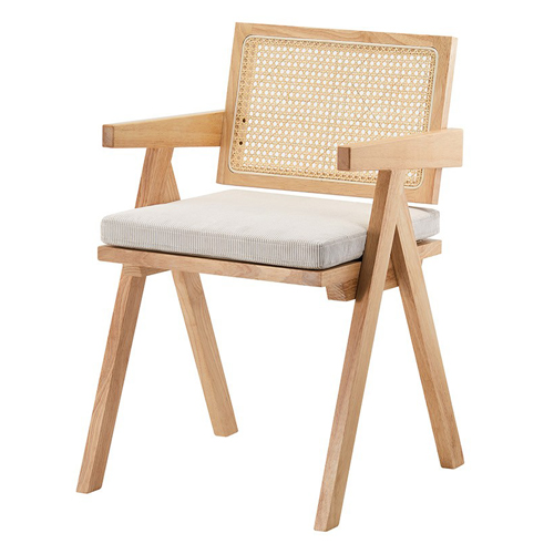 Chaise en bois massif, cannage naturel et velours côtelé beige - Lina