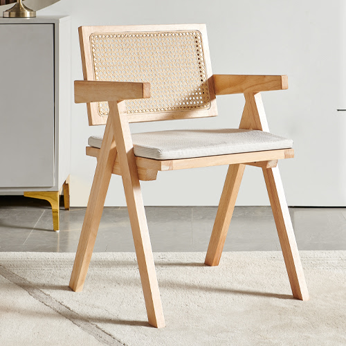 Chaise en bois massif, cannage naturel et velours côtelé beige - Lina