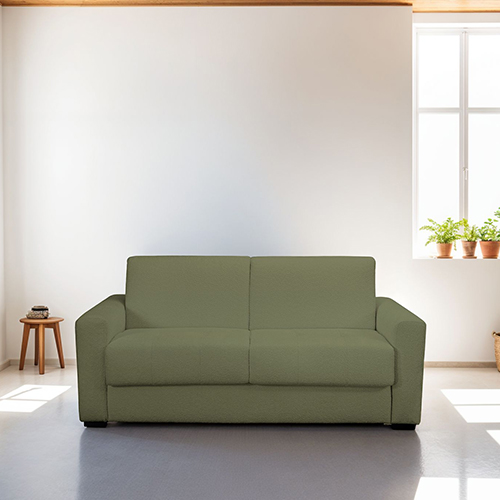 Canapé convertible 3 places en tissu bouclette vert kaki - Ouverture express - Couchage quotidien - Andrea