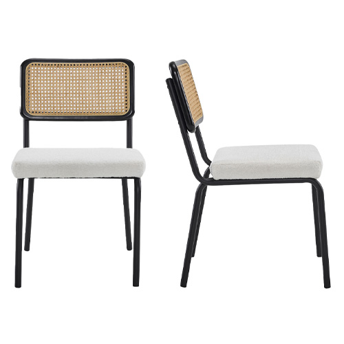 Lot de 2 chaises en acier et bois noir, cannage naturel et tissu bouclé beige - Paula