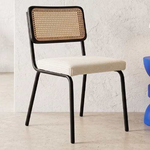 Lot de 2 chaises en cannage velours côtelé beige et métal noir - Paula