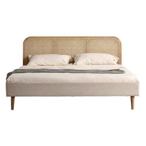 Lit adulte 140x190 cm en velours côtelé beige avec tête de lit en cannage - Dalia