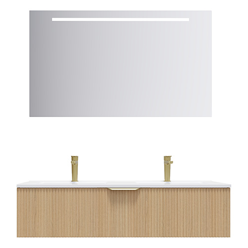 Meuble de salle de bain suspendu double vasque intégrée 120cm 1 tiroir Chêne cannelé + miroir - Venice