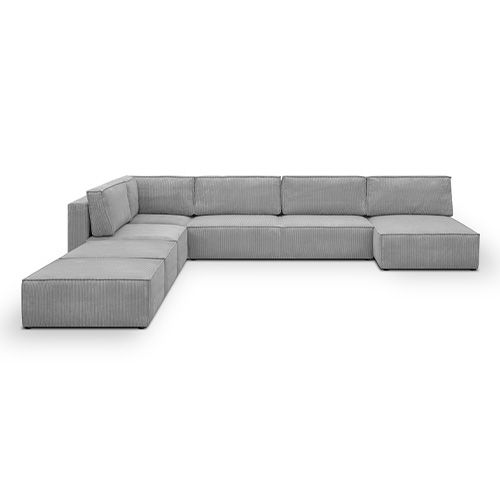 Canapé d'angle à droite panoramique convertible modulable 8 places avec 2 poufs en velours côtelé gris clair - Harper Mod