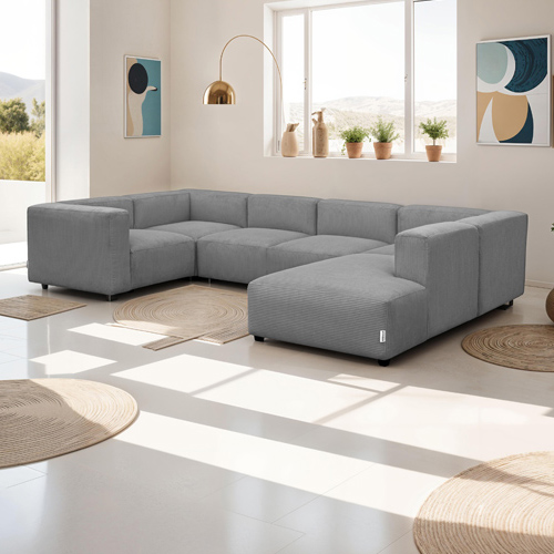 Canapé modulable panoramique 9 places ouvert à droite + pouf en velours côtelé gris clair - Modulo New