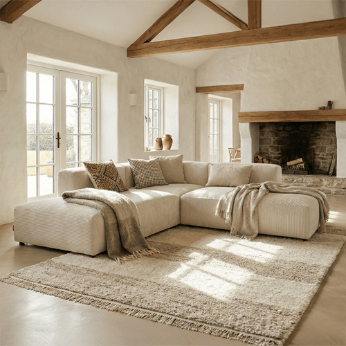 Canapé d'angle modulable réversible 5 places en velours côtelé beige - Modulo