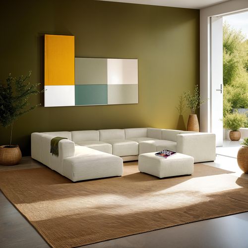 Canapé modulable panoramique 12 places ouvert à gauche + pouf en velours côtelé beige - Modulo